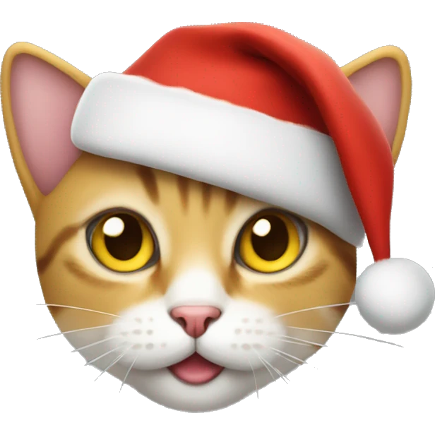 small cat big yellow eyes wearing a christmas hat and smiling emoji