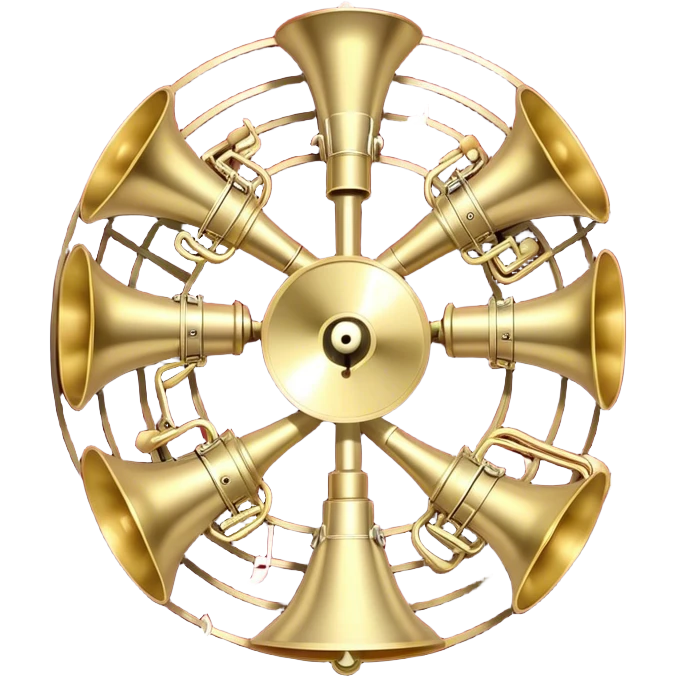 Create a festive and elegant emoji collage featuring a bouquet or fan of brass instrument bells (trumpets, saxophones, trombones, etc.) arranged in a radiant, symmetrical pattern. The instruments should have polished, golden and silver finishes, with their large, shiny bells forming a beautiful, fan-like display. Include a flowing ribbon of musical notes swirling through the center, conveying movement and melody. The background should feature a deep red velvet texture, adding a touch of luxury and sophistication. The overall composition should be balanced, with an elegant and regal feel, with a transparent background to keep focus on the instruments and musical elements. emoji