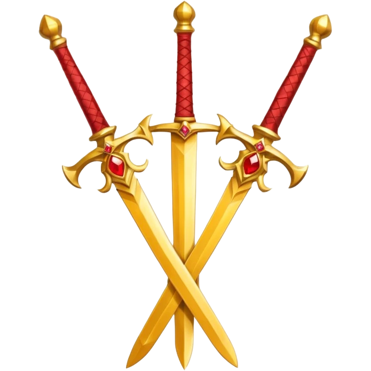 Two crossed swords that are golden in blade and handle and have fiery and royal appearence to them as well as red gem stones yellow in color emoji