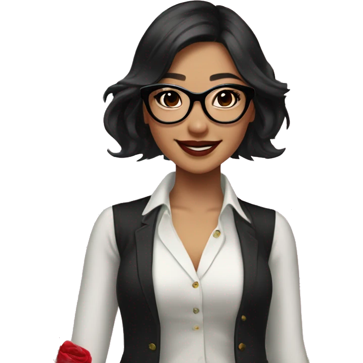 Asian girl, smiling with teeth, fair skin, black long hair, black eyes, black glasses with gold frames, red lipstick, wearing a white lace tank top and a black office jacket on top, with pink and red roses around her. emoji