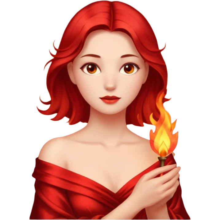Woman slowly letting red silk fall from her shoulders, firelight flicker emoji