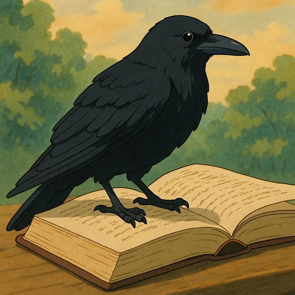 raven on a book in ghibli style emoji