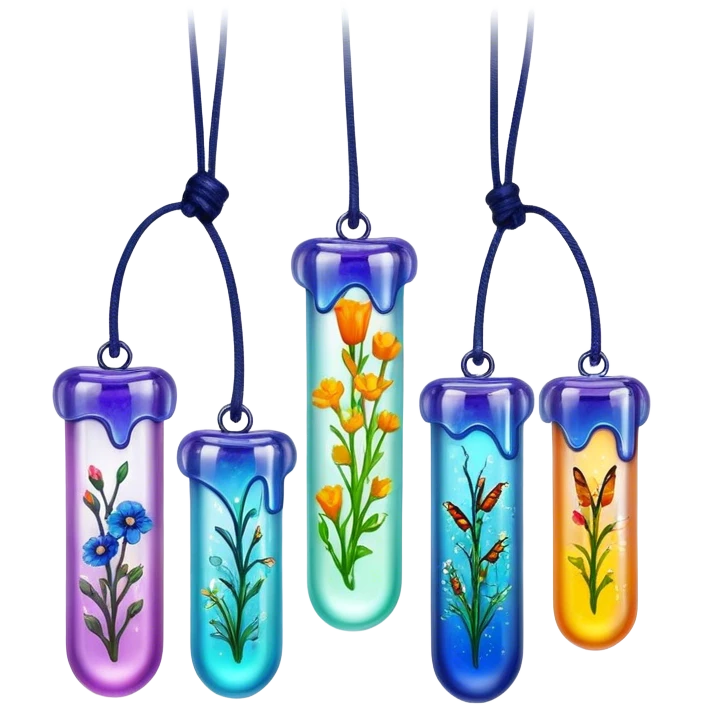 Create an icon that represents decorative arts using epoxy resin. The design should feature colorful tubes of resin, including fluorescent resin tubes, with visible drops or strokes of resin being applied to create intricate designs. Include finished resin jewelry pieces, such as pendants or rings, containing preserved flowers and insects encased in clear resin. The composition should feel vibrant, artistic, and delicate, showcasing the unique beauty of resin art with natural elements. The background should be transparent emoji