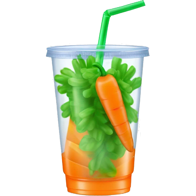 Realistic clear plastic cup half full of orange Transluscent soda with mini carrots floating inside the cup and green curly straw through the top. emoji