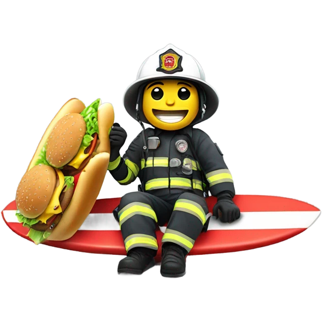 Firefighter eating a cheeseburger while on a surfboard emoji