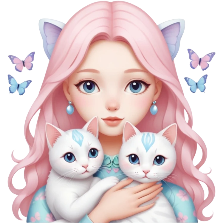 Gorgeous- pastel- lady -with -blushing -butterfly -pattern- hugging- a- white- cat-aesthetic- trendy -style emoji