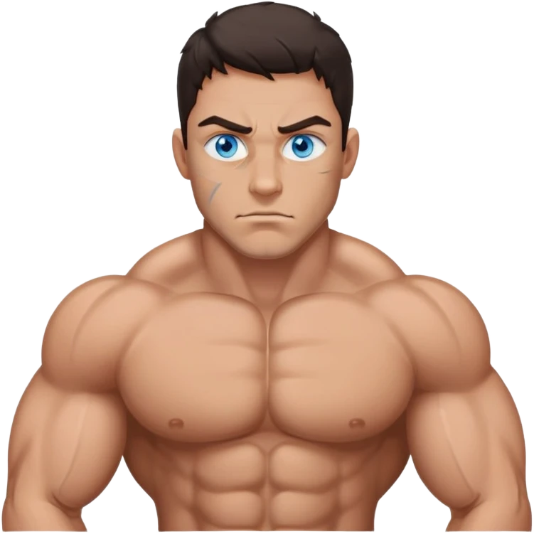 A man with blue eyes, dark brown hair and big muscles having bruises in the face ￼ emoji