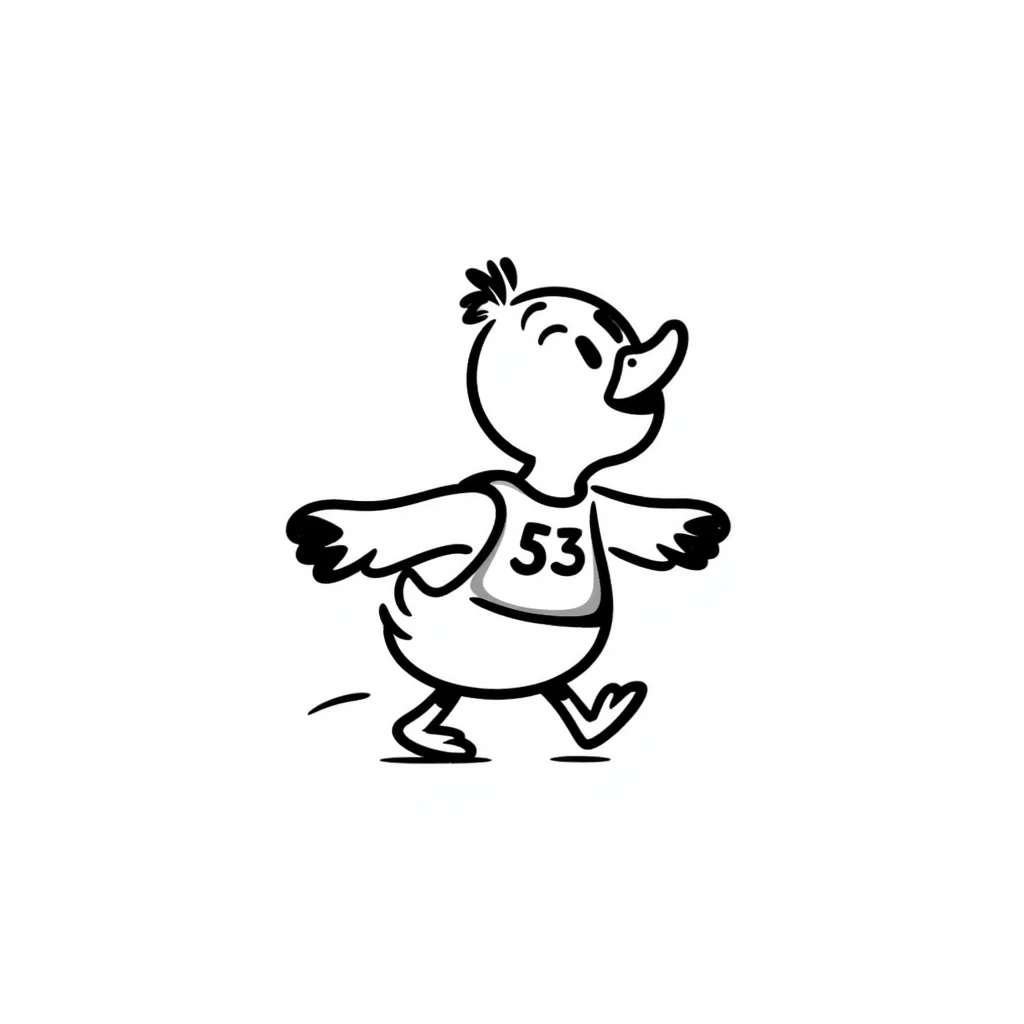 doodle style dancing duck with a race number emoji