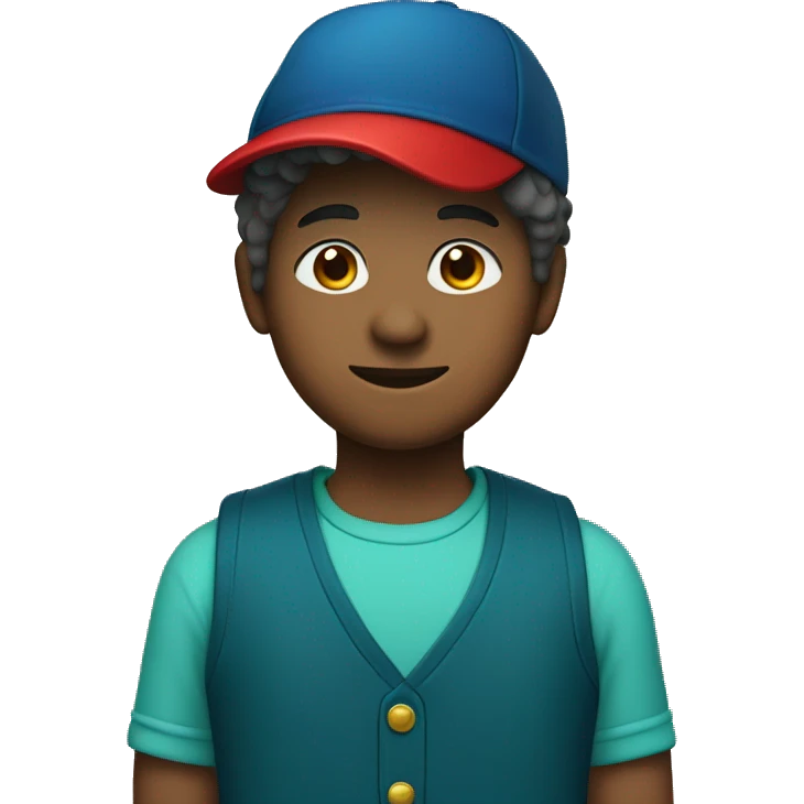 12 year old with a dark blue vest, a red shirt, and a teal hat with a pine tree on it emoji