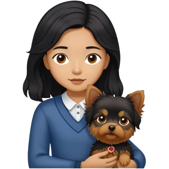 A couple holding holding a small Yorkshire Terrier together. The girl is an Asian girl with long, luscious wavy black hair (loose, no hair tie). She is standing beside a brown-skinned man with a short middle part haircut.  emoji