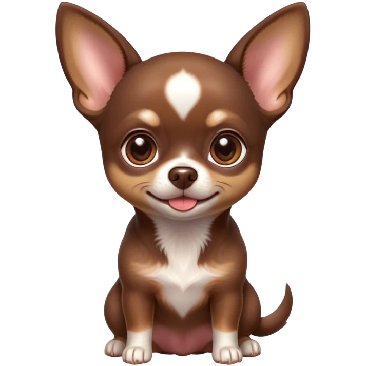 Cinematic Cute Chocolate Short Haired Chihuahua Portrait Emoji, Head tilted playfully and inquisitively, smooth chocolate fur with a lustrous sheen, round, sparkling dark eyes filled with curiosity, Simplified yet irresistibly adorable features, highly detailed, glowing with a warm, friendly glow, high shine, affectionate and lively, stylized with a touch of whimsy, bright and endearing, soft glowing outline, capturing the essence of a mischievous yet loving pup, so playful it feels like it could bound out of the screen and into your arms! emoji