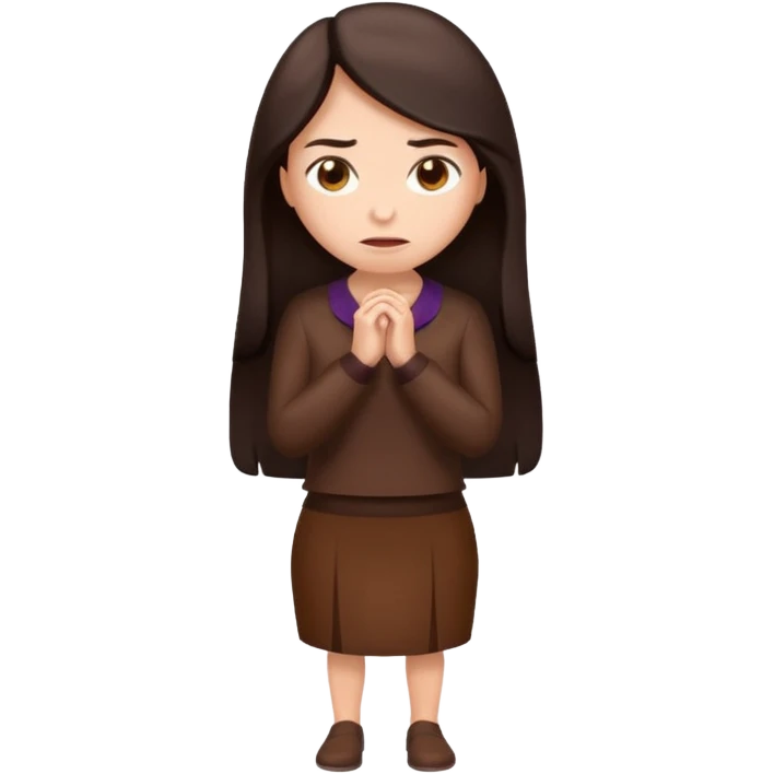 =Cartoon emoji of a woman with long, loose dark hair, wearing chocolate-colored clothes. Full-height, standing, nervous, unsure, worried expression. Slightly hunched, anxious posture. Smooth, simple, stylized emoji