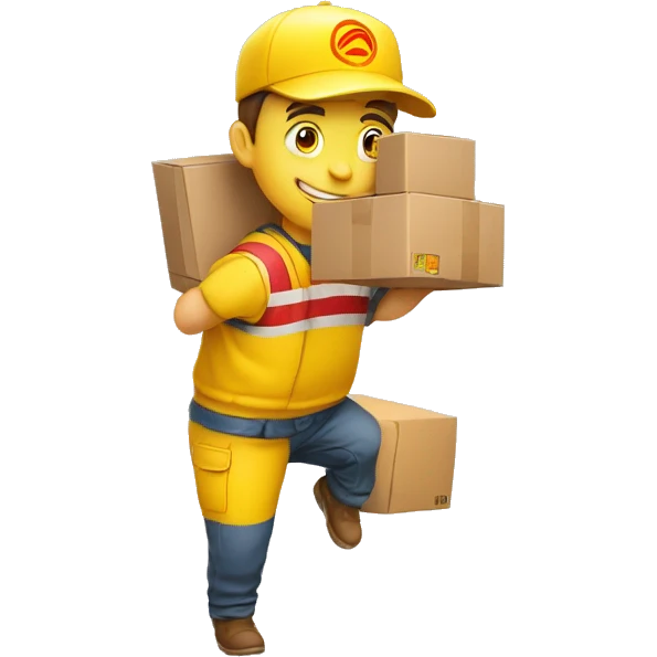 a delivery person with a yellow outfit with some red lines like the DHL logo. The delivery person carry somes carton boxes. emoji