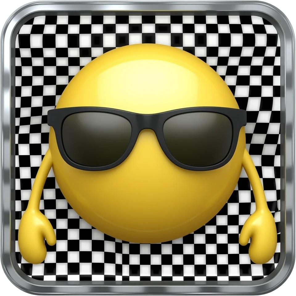 Emoji de cara redonda amarilla con gafas de sol oscuras patillas de anteojos normales, la luz se refleja en su superficie, el fondo de cuadrícula permanece estático. que el fondo sea negro emoji