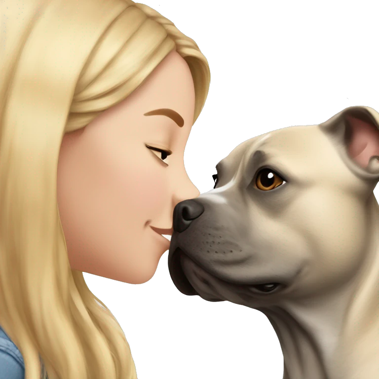 A girl with long blond hair kisses a gray Staffordshire Bull Terrier dog on the nose emoji