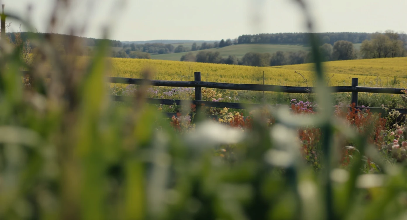 "Two shot" in the foreground, blurred plants in the foreground (frame within a frame), a wooden fence and colorfull flowers in the midground, Poland, rolling hills in the background, cinematic depth of field, layered composition, natural lighting emoji