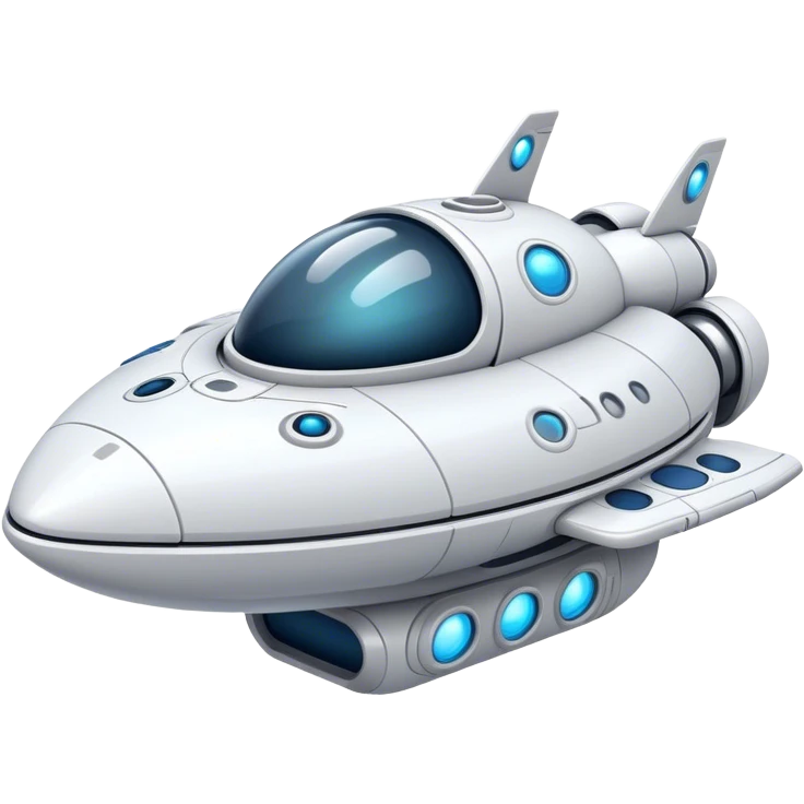 Design a simple, semi-realistic spaceship with a clean and minimalistic design. The ship should have a smooth, rounded shape with a few subtle mechanical details, like small thrusters or panels, but avoid overly complex or advanced features. Add a 'face' to the front of the ship using basic shapes, such as two circular lights for 'eyes' and a curved line or pattern for a 'smile,' giving it a friendly and approachable personality. The design should feel functional yet charming, as if the ship has its own character or consciousness. Use a plain, transparent background with no additional elements, focusing entirely on the ship. The lighting should be soft and even, highlighting the ship's 'face' and overall design. emoji