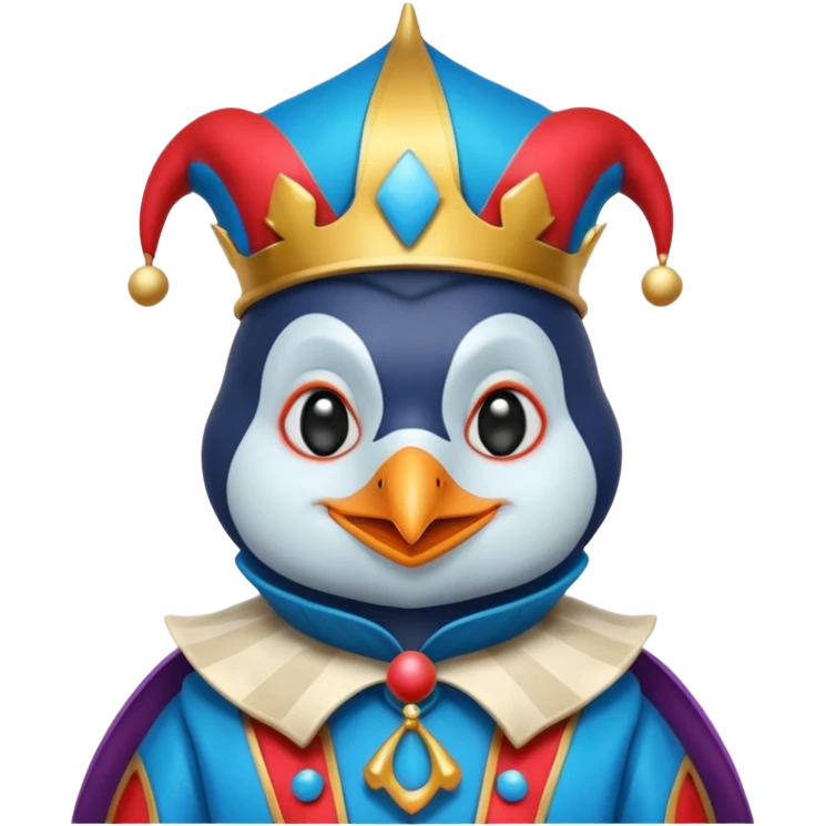 crazy colorful little penguin jolly joker, medieval, vintage, court jester, mac os icon, blue color emoji