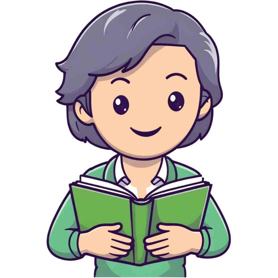 smiling English teacher with airtouch hair and grey-green eyes holding books and teaching materials emoji