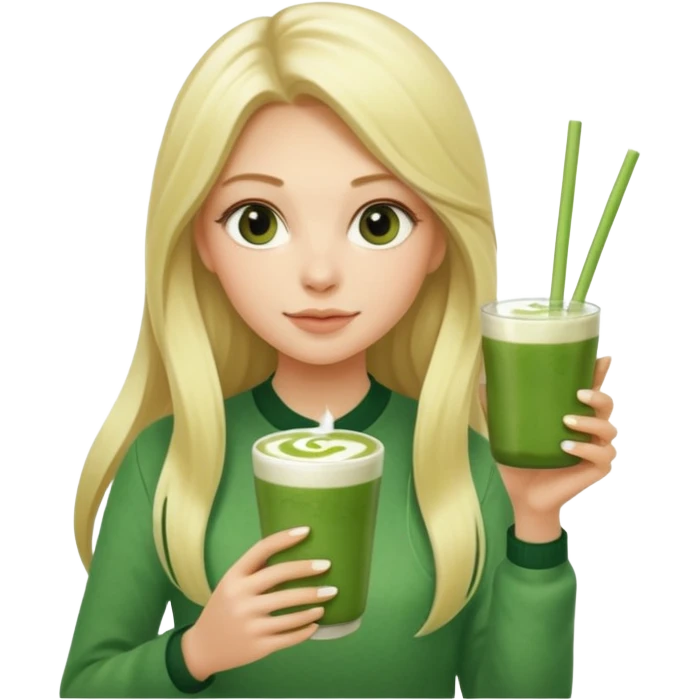 blonde luxury long hair girl with 1 cup of matcha latte and 2 straws emoji