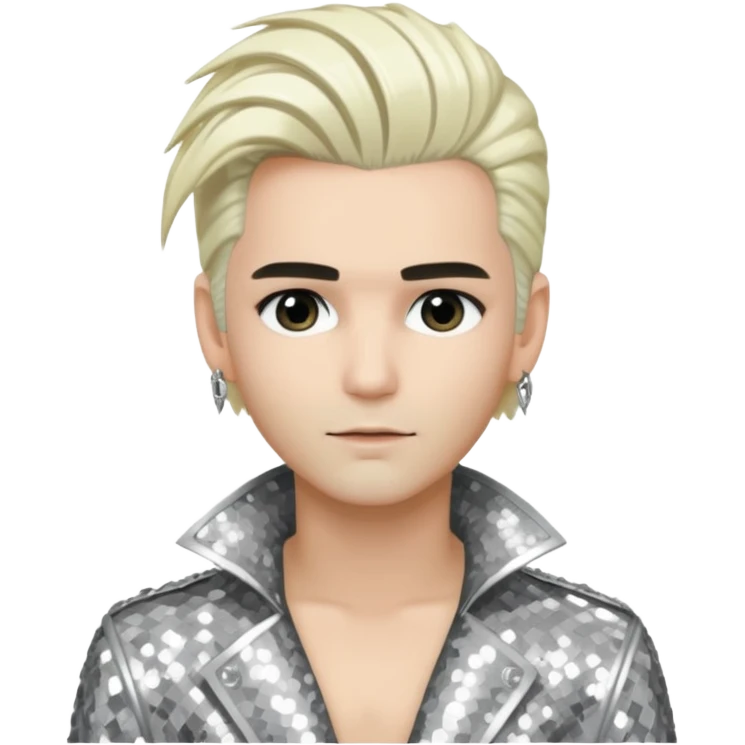 Bill Kaulitz with platinum blonde hair, silver sequin outfit  emoji