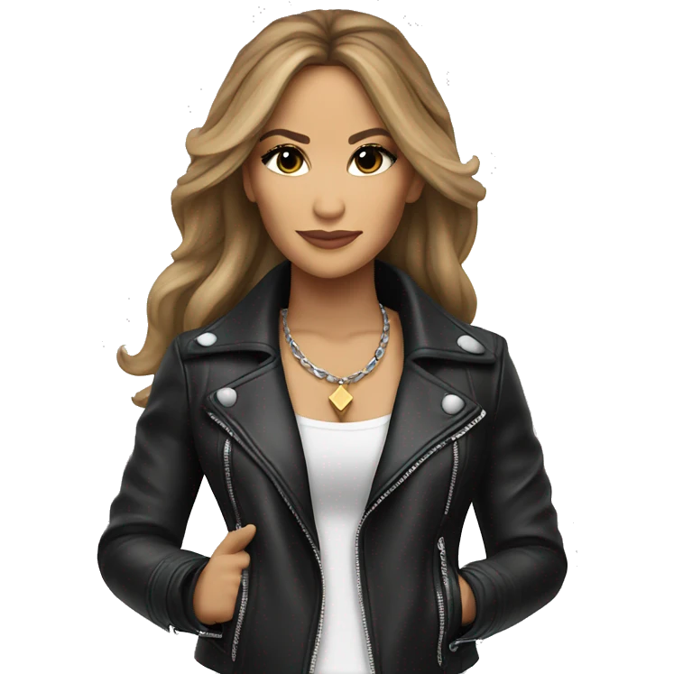 Jennifer Lopez in black leather jacket pointing forward emoji