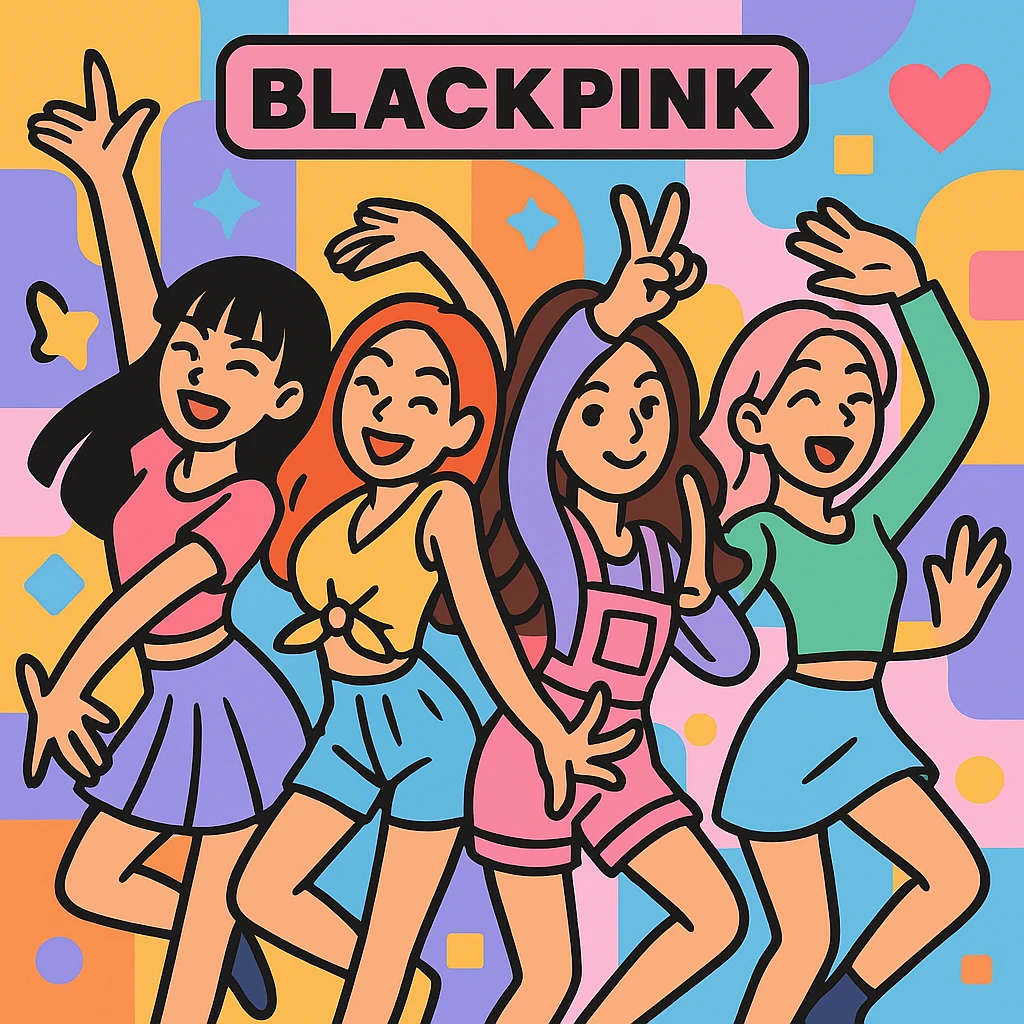 Make the Blackpink group pose even more dynamic, with energetic dance moves and expressive gestures, vibrant toon style emoji