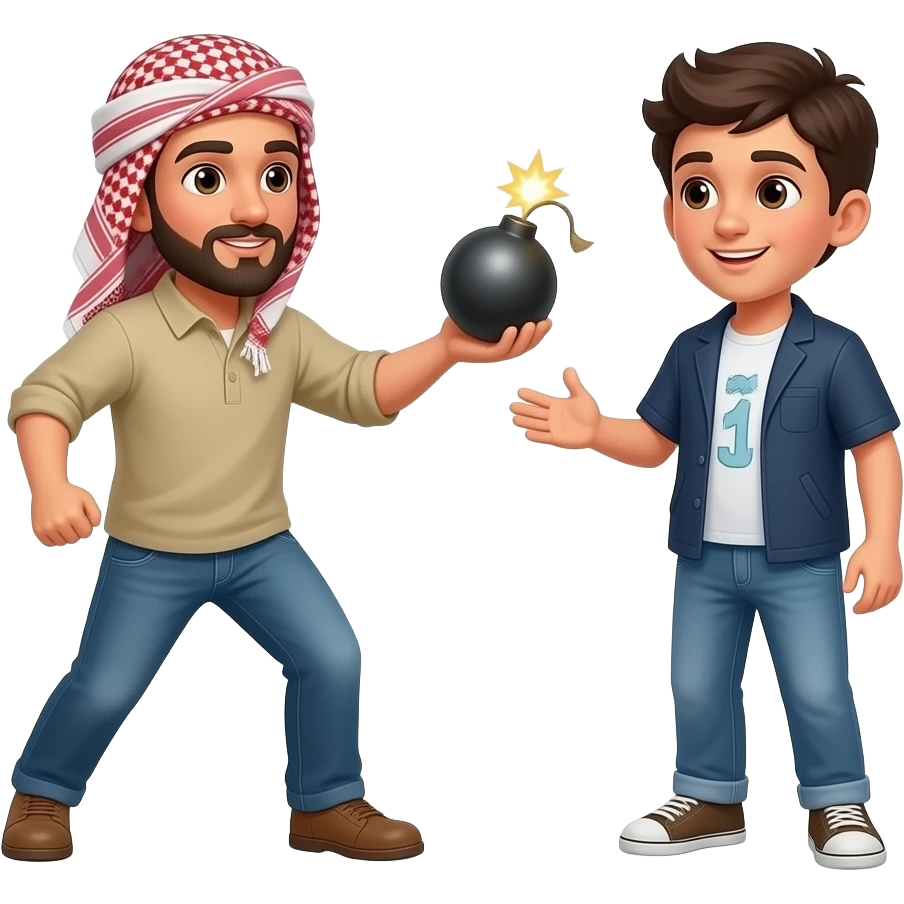 a middle eastern man throwing a bomb at a boy named luke emoji