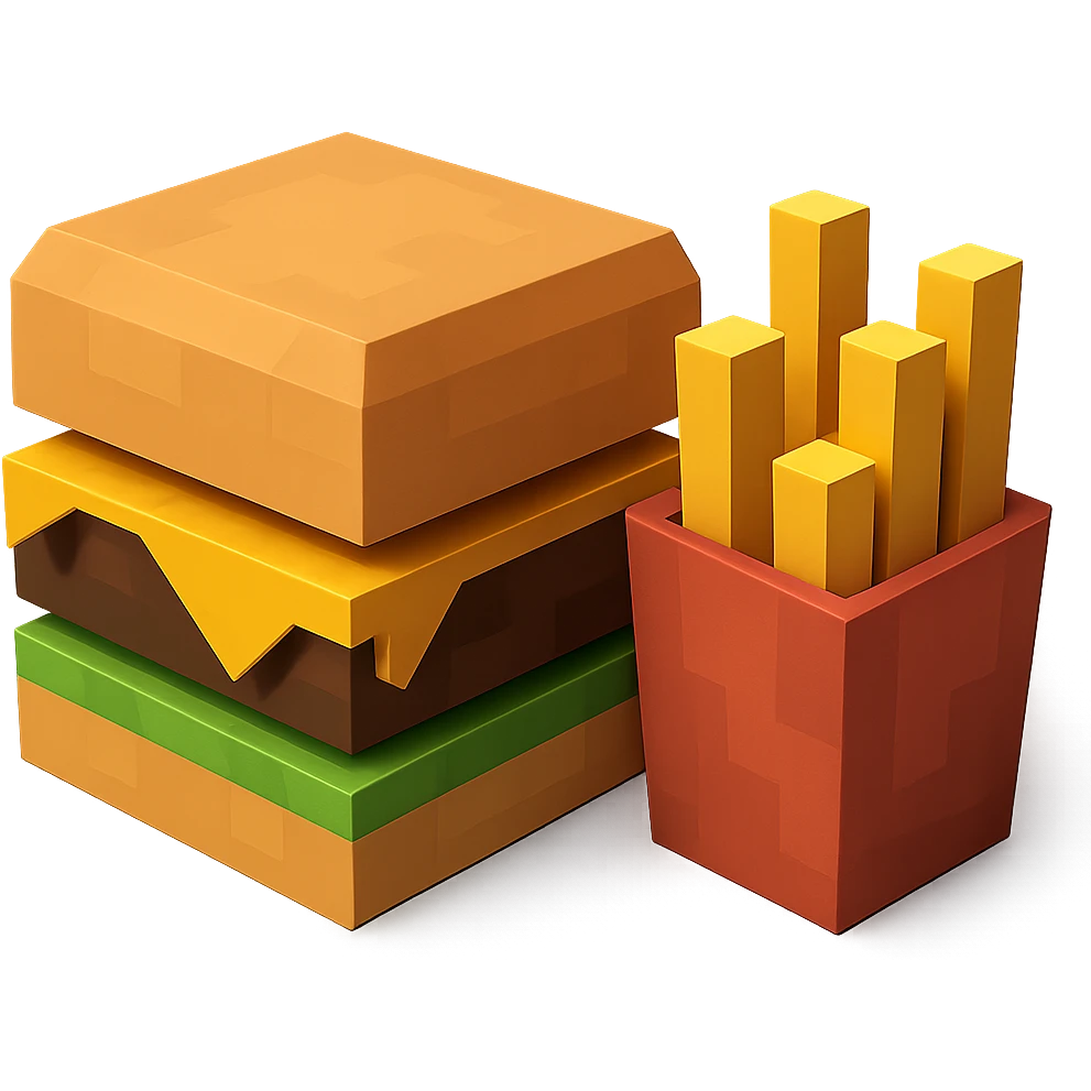 A cheeseburger with melting cheese and a side of crispy fries, minimalist 3D blocks design emoji
