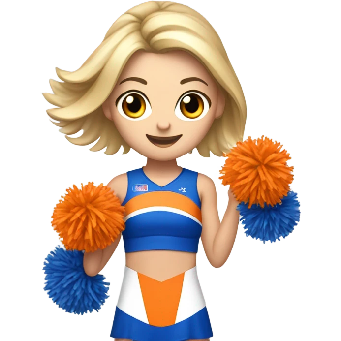 Caucasian Cheerleader with orange and blue Pom poms  in her hand and a “K1 “on Uniform emoji