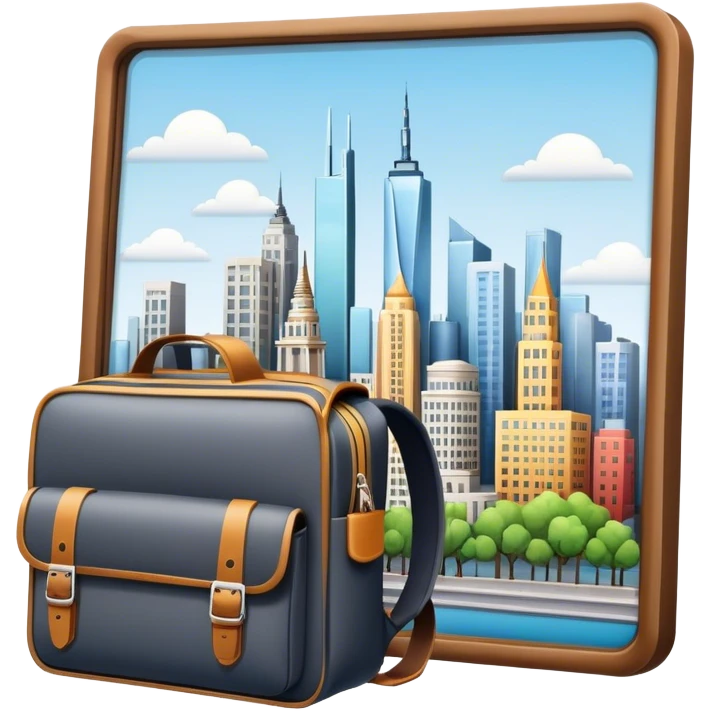 Icon for Urban Tourism: city skyline with iconic buildings, a camera and a backpack. The icon should represent the exploration of urban destinations, with elements like streets, landmarks, and vibrant city life. Transparent background. emoji