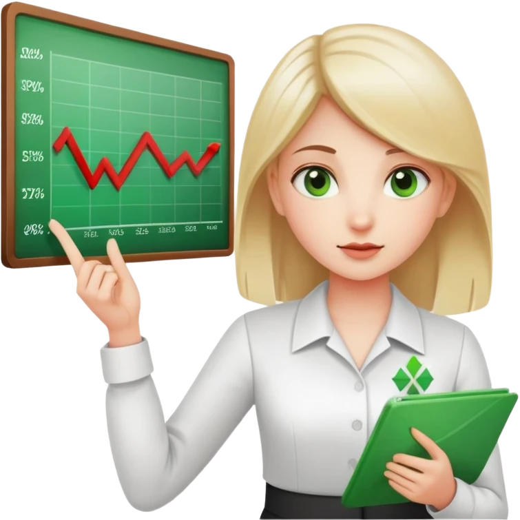 Girl showing financial reports, positive green ascending chart in one hand and negative red descending chart in other hand emoji