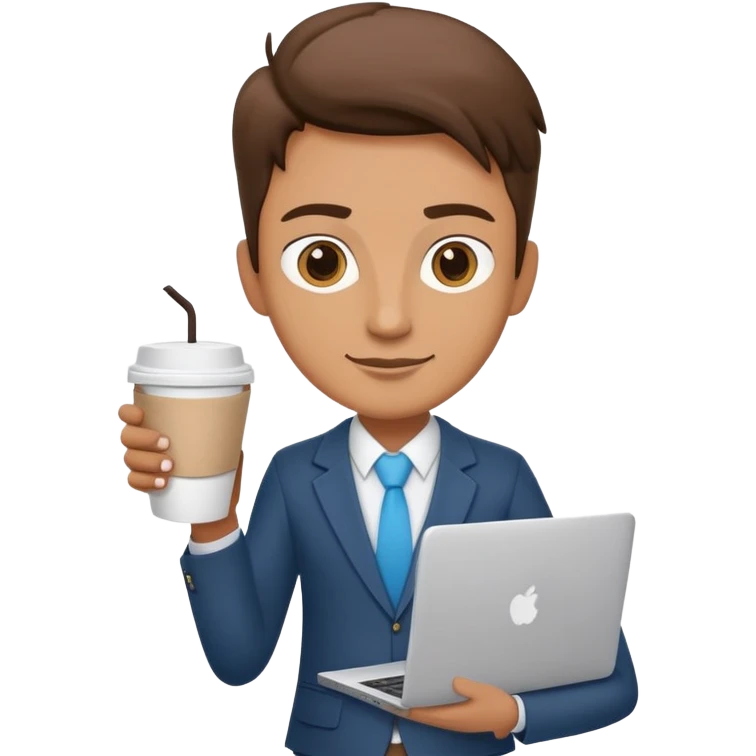 business owner confidently, holding a closed laptop in one hand and a takeaway coffee cup in the other. The character wears casual-smart clothes. emoji