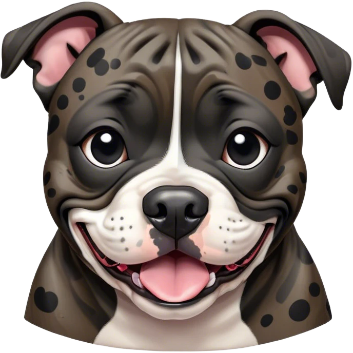 Cinematic Comical Black/Brindle Staffordshire Bull Terrier Portrait Emoji, Head tilted dramatically with an exaggeratedly amused expression, featuring a striking Fur with bold black and brindle patterns, wide, expressive dark eyes filled with playful disbelief, Simplified yet hilariously expressive features, highly detailed, glowing with a slightly sassy glow, high shine, dramatic yet playful, stylized with an air of cheeky mischief, bright and endearing, soft glowing outline, capturing the essence of a spirited and over-the-top guardian, so meme-worthy it feels like it could side-eye its way into internet fame instantly! emoji
