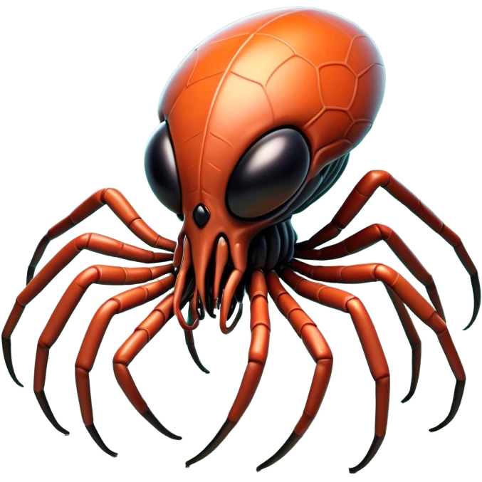 Clash of Clans aesthetic: Cinematic fierce arachnid Alien Emoji, rendered in a 3D vector-style similar to standard emojis with minimal shading and bold, simplified shapes. A compact, isometric, otherworldly creature with insectoid, organic details and subtle, eerie tentacles, softly glowing with a sinister alien charm. Simplified yet unmistakably iconic, highly detailed and consistent, glowing with a soft, spectral radiance and high shine. Stylized with a touch of bio-engineered mischief and a soft glowing outline, capturing the essence of a fearsome extraterrestrial menace with a playful twist! emoji