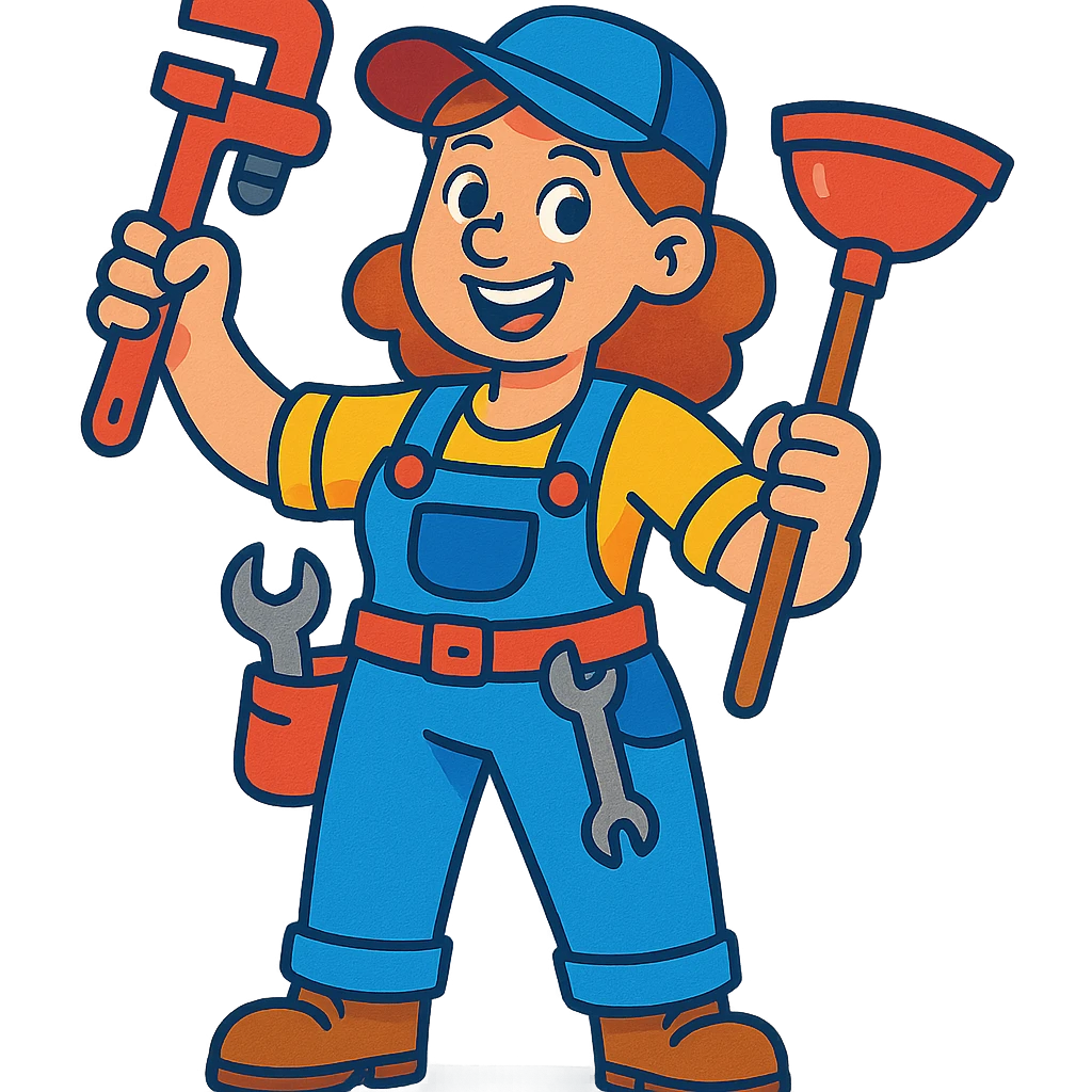 female plumber, cheerful woman plumber with tools, colorful and cartoonish, vibrant toon style emoji