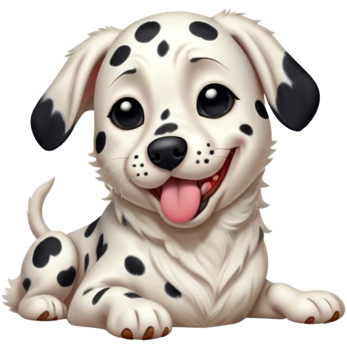 Cinematic Cute Yawning Spotted Dalmatian Portrait Emoji, Head tilted slightly with a dramatic, wide-open yawn, showcasing a smooth Fur of predominantly white with bold black patches, floppy ears slightly drooping, round eyes barely open in drowsy contentment, Simplified yet irresistibly adorable features, highly detailed, glowing with a soft, cozy glow, high shine, relaxed yet expressive, stylized with a touch of whimsy, bright and endearing, soft glowing outline, capturing the essence of a sleepy yet affectionate guardian, so drowsy it feels like it could stretch out of the screen and curl up for a nap! emoji