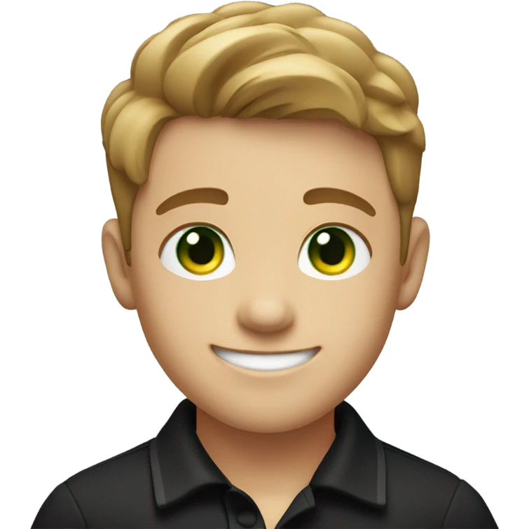 a boy with green eyes and light brown hair wearing a black polo smiling emoji