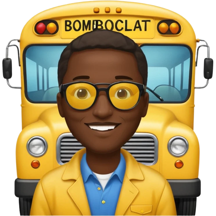 a school bus with a jamaican man saying bomboclat (speech buble) emoji