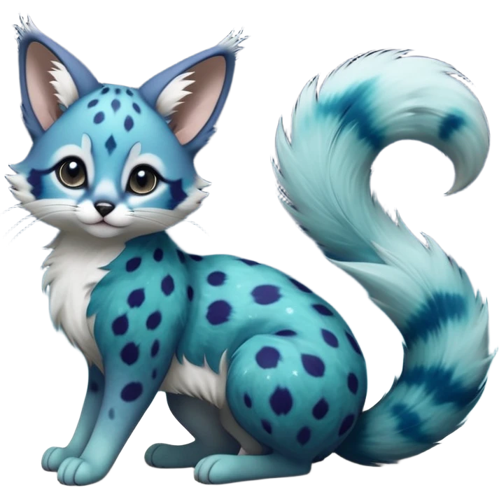 Hyper realistic  galaxy-swirl indigo-teal fur scattered with star-salt sparkle grains beautiful elegant pretty precious cute  Fakémon-Pokémon-opossum-feline-serval-caracal-chinchilla-Furret-Minccino-hybrid-creature with a big fluffy bushy tail (full body) emoji