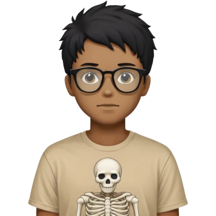 black anime hair guy with skeleton makeup wearing a stussy tshirt with glasses emoji
