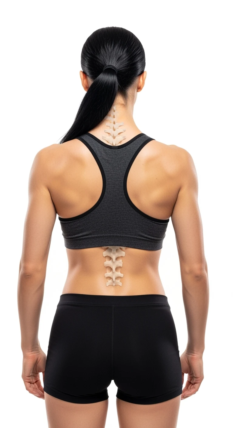 donna fitness di spalle con spina dorsale anatomica realistica in evidenza, sfondo bianco emoji