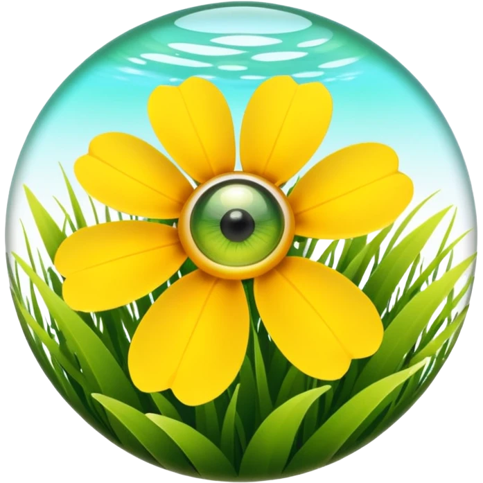 yellow flower in a grassy area with a bright sun in the sky, fish eye lens effect emoji