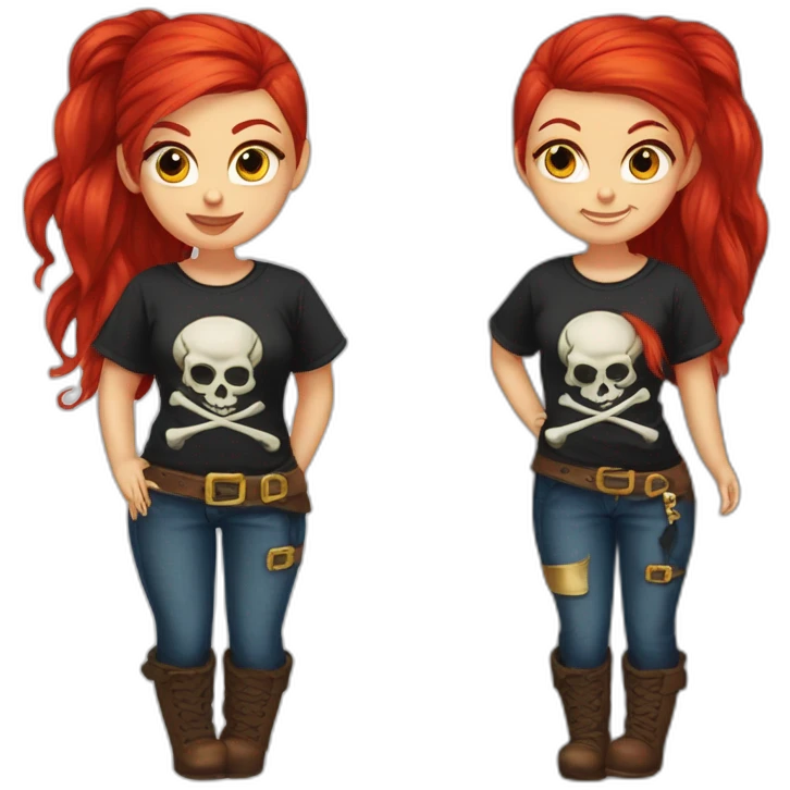 Woman long red hair on one side, tattoo on side of head. other side of head is shaved.  pirate hat. skull and crossbones t shirt emoji