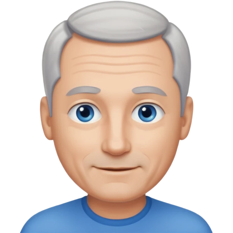Middle aged man with receding grey hair and no beard, blue eyes, shy smile emoji