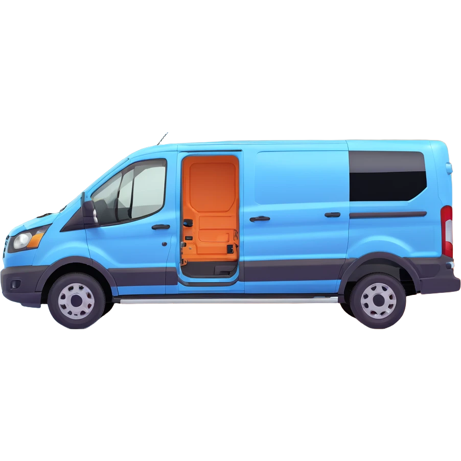 electric light blue Ford Transit passenger van, side profile, front facing right, with subtle shadow emoji