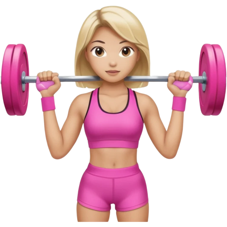 An Asian lady with gray eyes, balayage hair, blonde highlights, in a pink gym outfit, holding a pink barbell  emoji