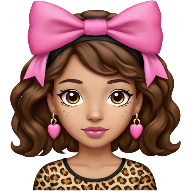 Light skin brown hair long wavy black headband with a pink bow on each side leopard print shirt with pink bows woman emoji