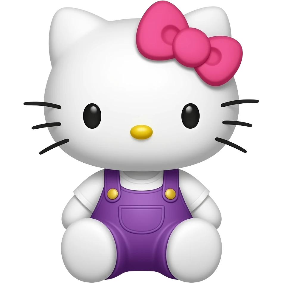 hello kitty sitting down wearing purple overalls and a white shirt with a hot pink bow emoji