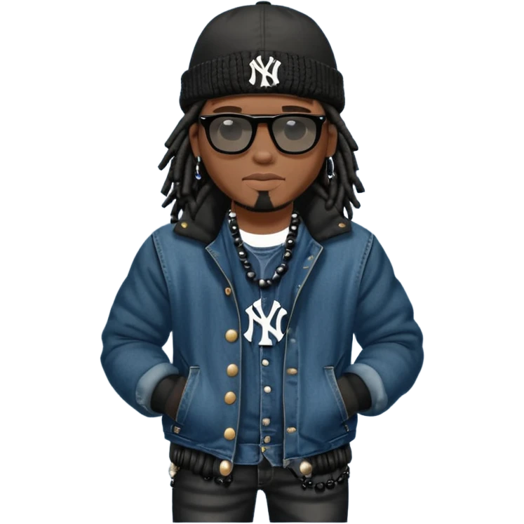 African American man with shoulder length black dreadlocks with black bead wearing black sunglasses with wearing denim skinny jeans wearing black bubble winter coat wearing black New York Yankees baseball hat and  timberland boots with arms folded emoji